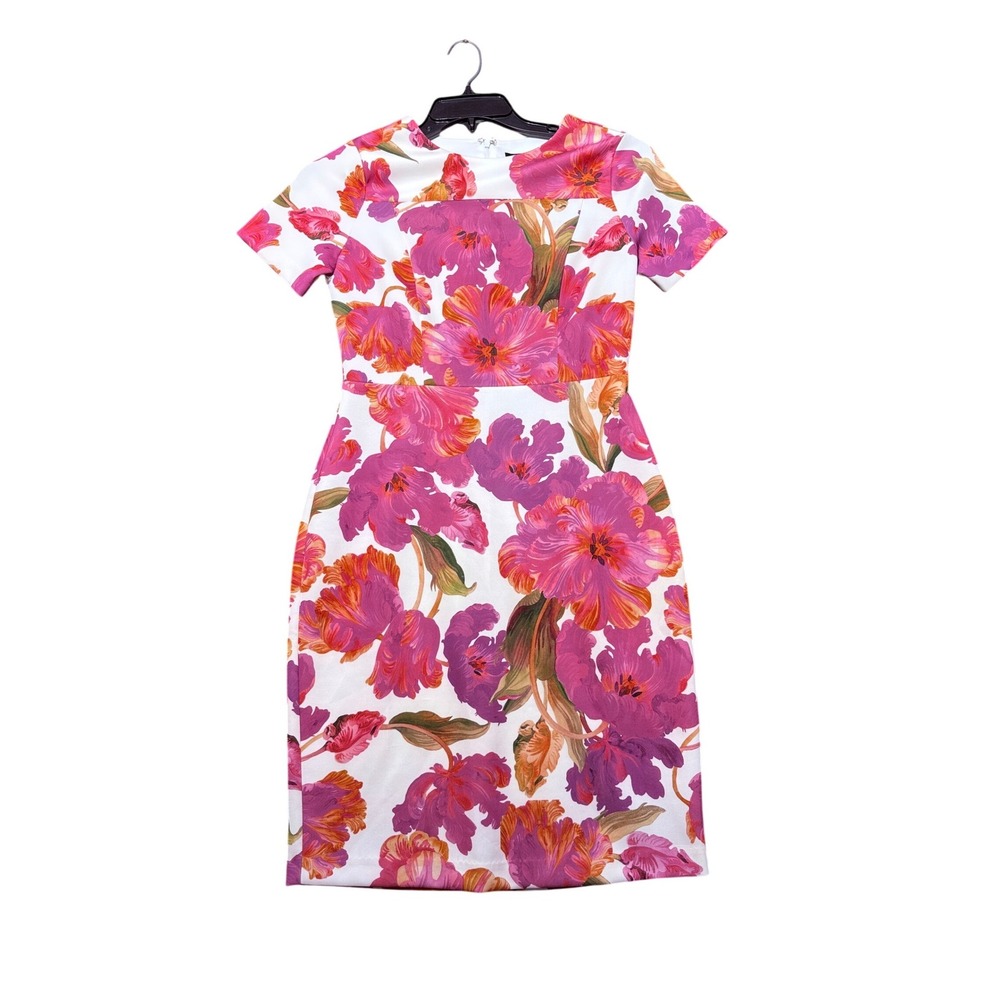 Alexia Admor Floral Sheath Dress Womens 6 White Pink Floral Print Short Sleeve